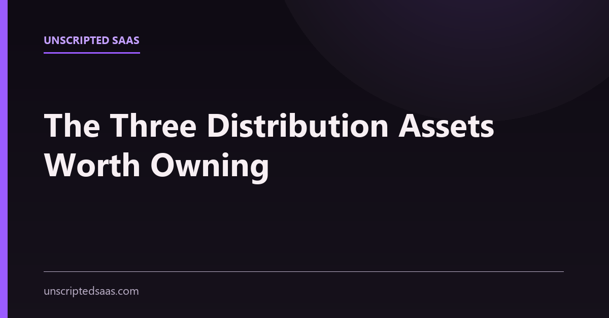Three distribution assets illustrated as an owned email list, a community presence and a recurring show or newsletter.